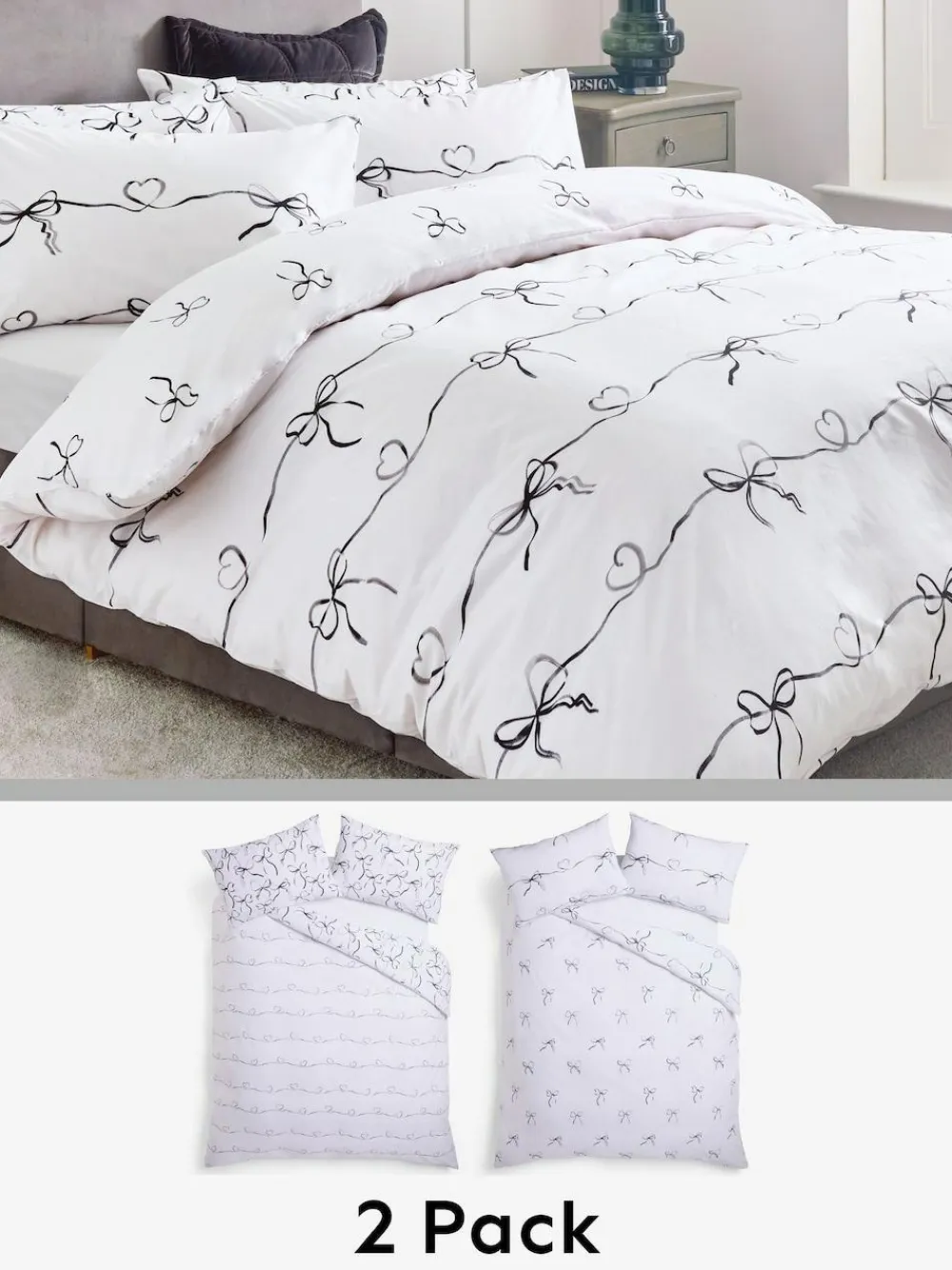 Hot Next 2 Pack Black/White Bow & Heart Reversible Duvet Cover and Pillowcase Set