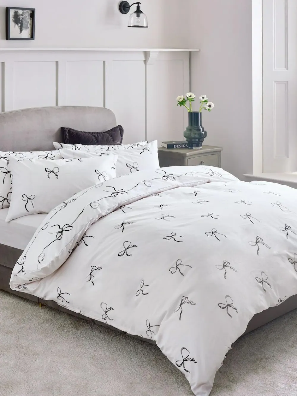 Hot Next 2 Pack Black/White Bow & Heart Reversible Duvet Cover and Pillowcase Set