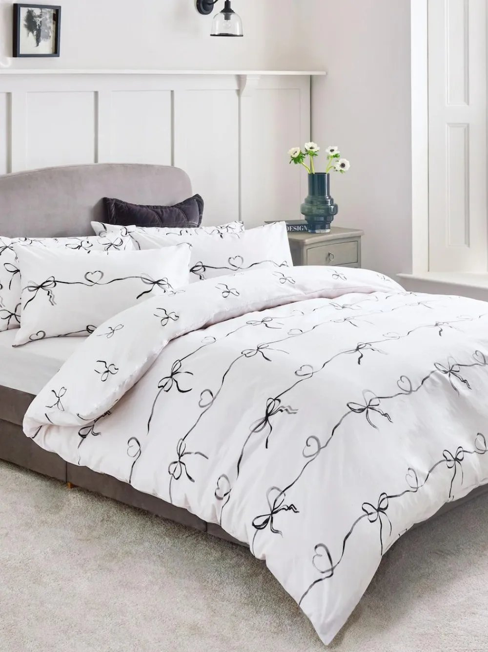 Hot Next 2 Pack Black/White Bow & Heart Reversible Duvet Cover and Pillowcase Set