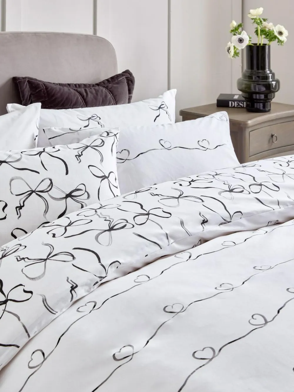 Hot Next 2 Pack Black/White Bow & Heart Reversible Duvet Cover and Pillowcase Set