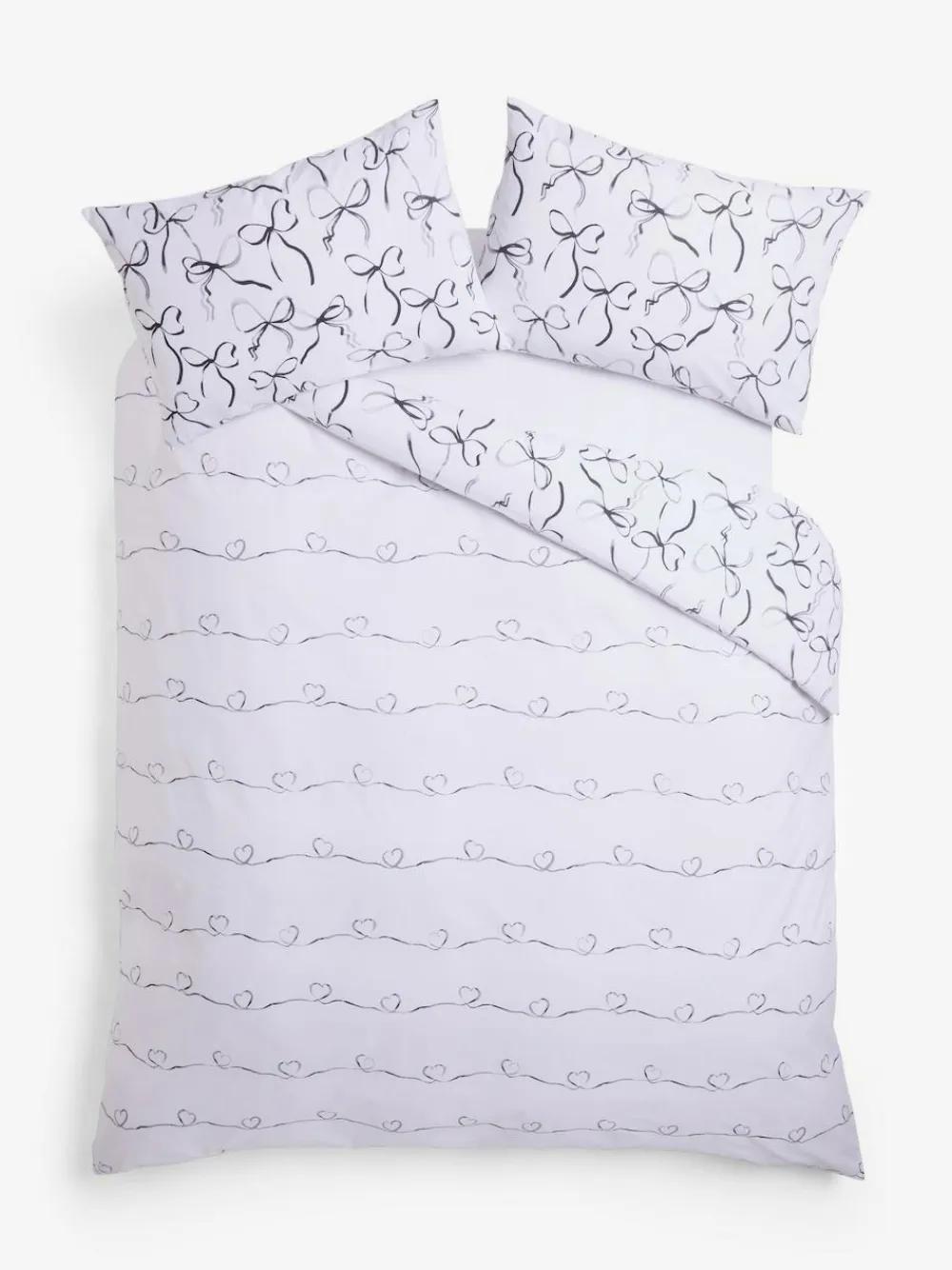 Hot Next 2 Pack Black/White Bow & Heart Reversible Duvet Cover and Pillowcase Set
