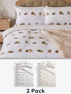 Next 2 Pack Natural Hamish the Highland Cow Reversible Duvet Cover and Pillowcase Set^ Bedsets & Duvet Covers