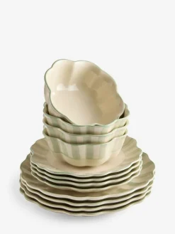 New Next 12 Piece Sage Green Handpainted Stripe Dinner Set
