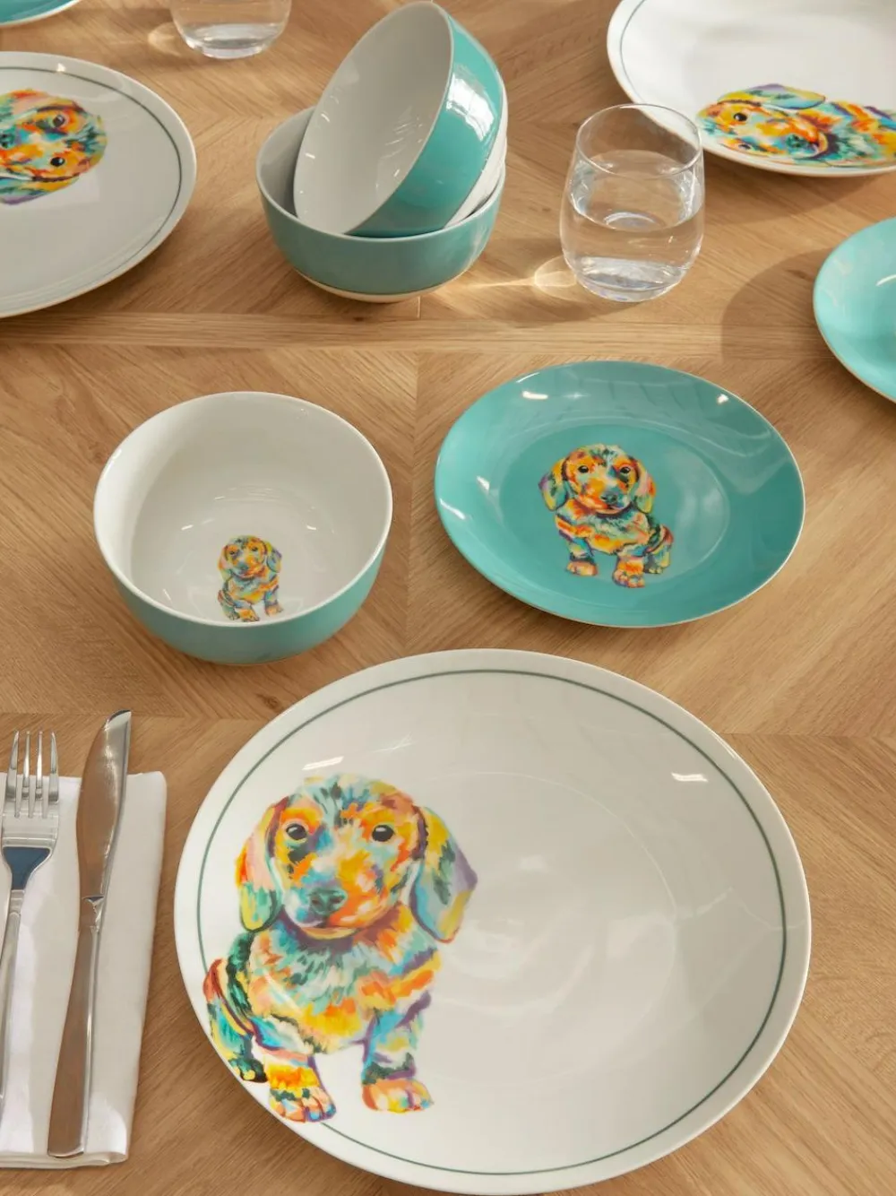 Hot Next 12 Piece Teal Blue Sausage Dog Dinner Set