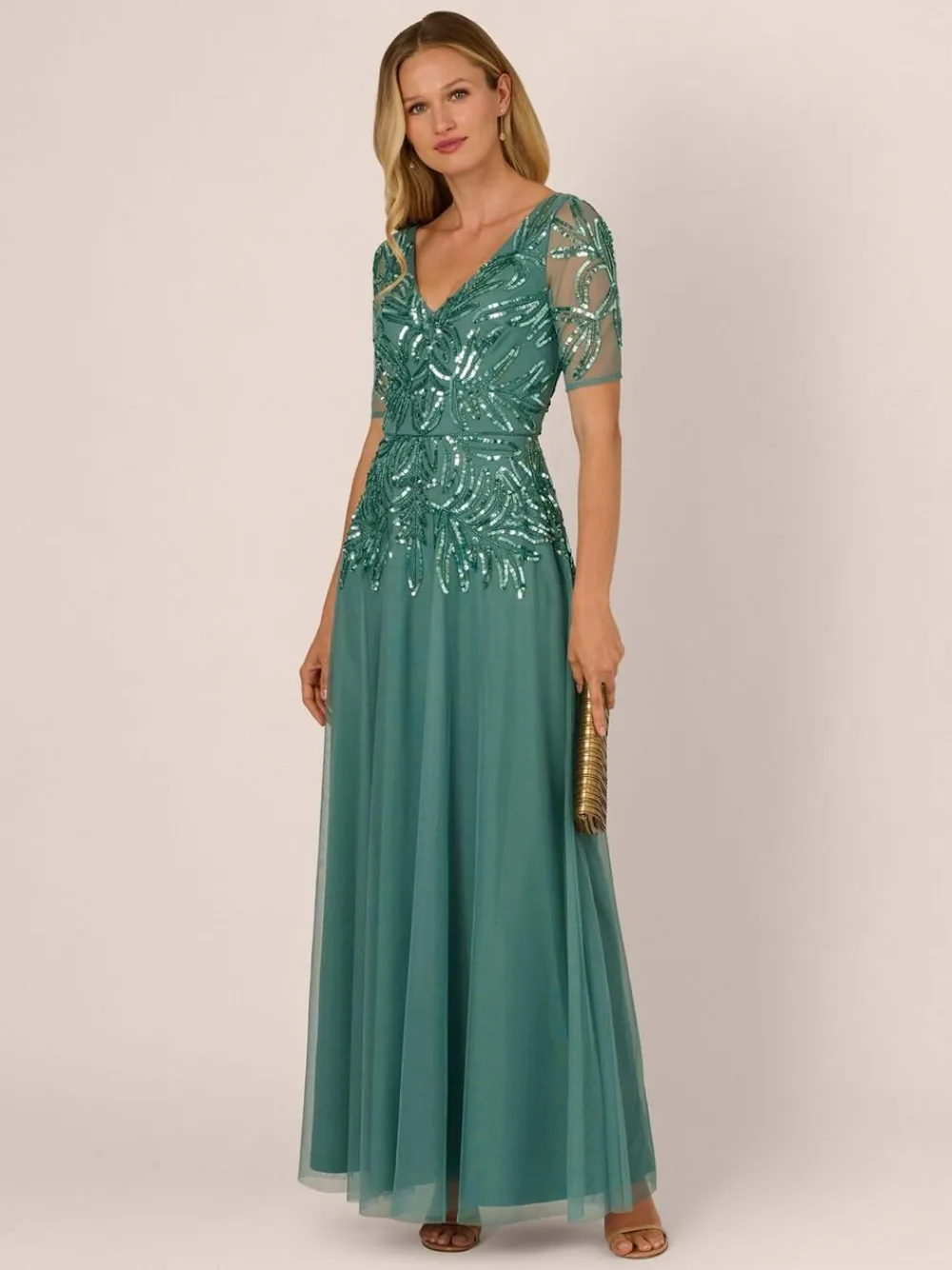 Adrianna Papell Green Studio Beaded Mesh Long Dress^Women Maxi Dresses