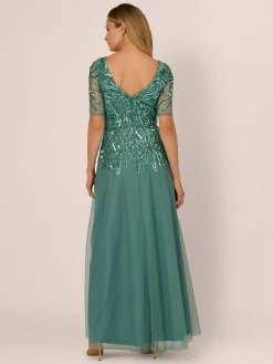 Adrianna Papell Green Studio Beaded Mesh Long Dress^Women Maxi Dresses