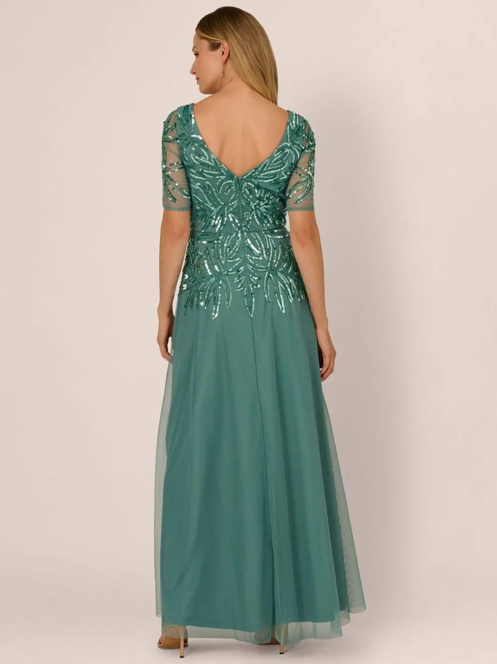 Adrianna Papell Green Studio Beaded Mesh Long Dress^Women Maxi Dresses