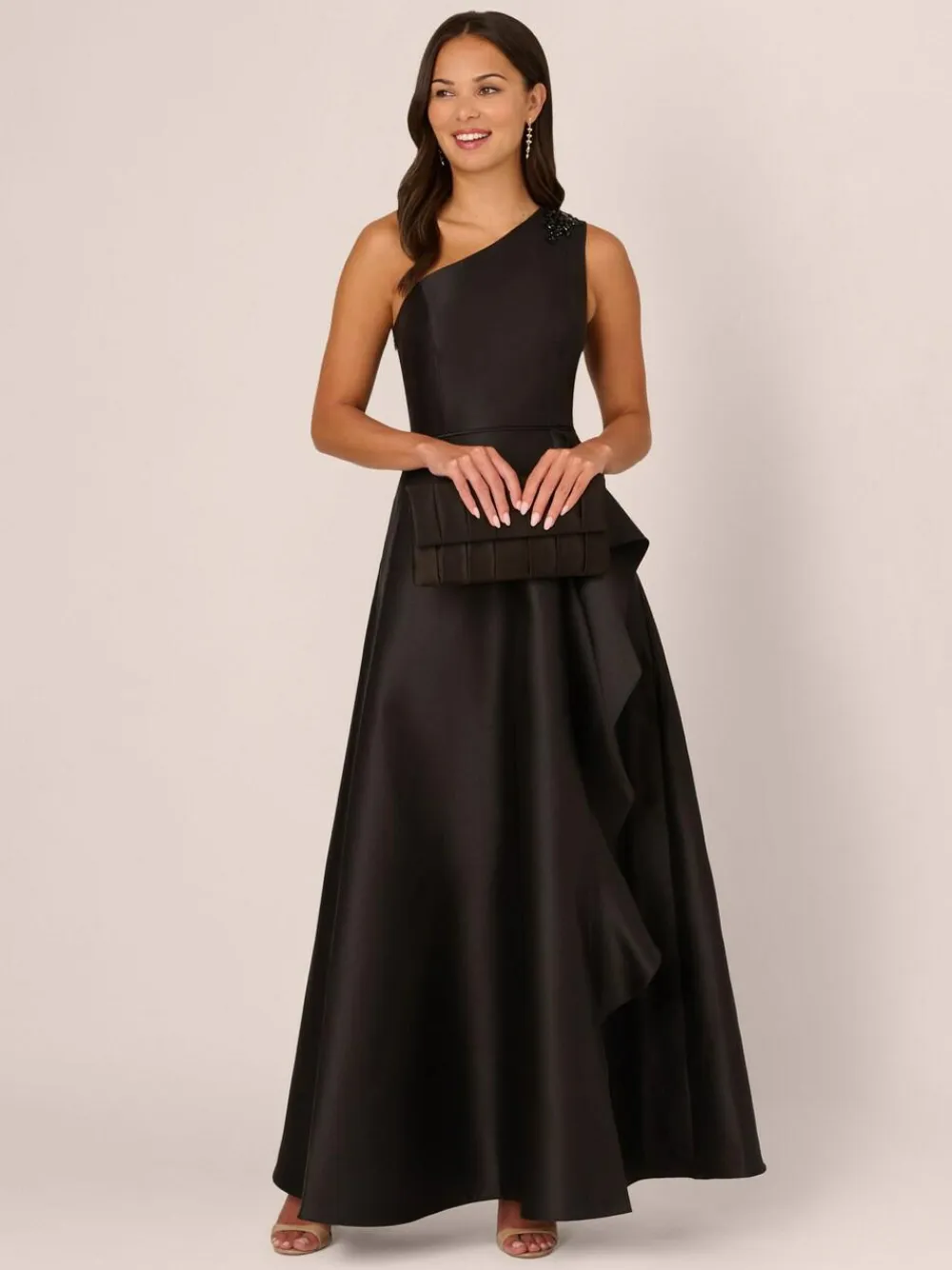 Adrianna Papell Studio One Shoulder Mikado Black Gown^Women Maxi Dresses
