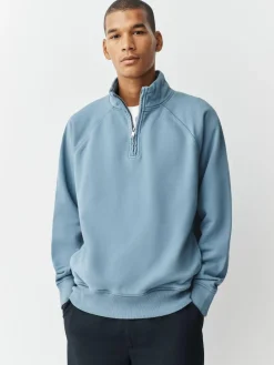 Clearance Next Heavyweight Washed Quarter Zip Sweatshirt Airforce Blue