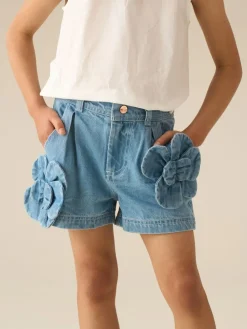 Hot Angel & Rocket Blue Eden 3D Flower Denim Shorts