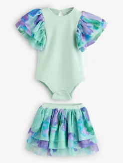 Best Angel & Rocket Green Lois Mint Floral Tutu And Frill Sleeve Bodysuit Set
