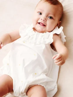 Angel & Rocket White Mila Daisy Embroidered Frill Rompersuits^ Rompers & Overalls