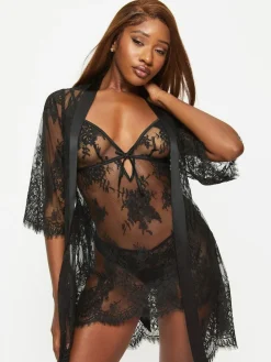 New Ann Summers Availing All Over Lace Robe Black