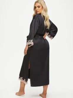 Ann Summers Black Satin Sorella Maxi Robe Dressing Gown^Women Bathrobes|All Night & Lounge