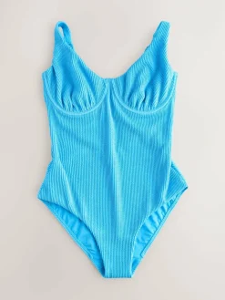 Clearance Next Aqua Blue Crinkle Tummy Control DD+ Wired Swimsuit