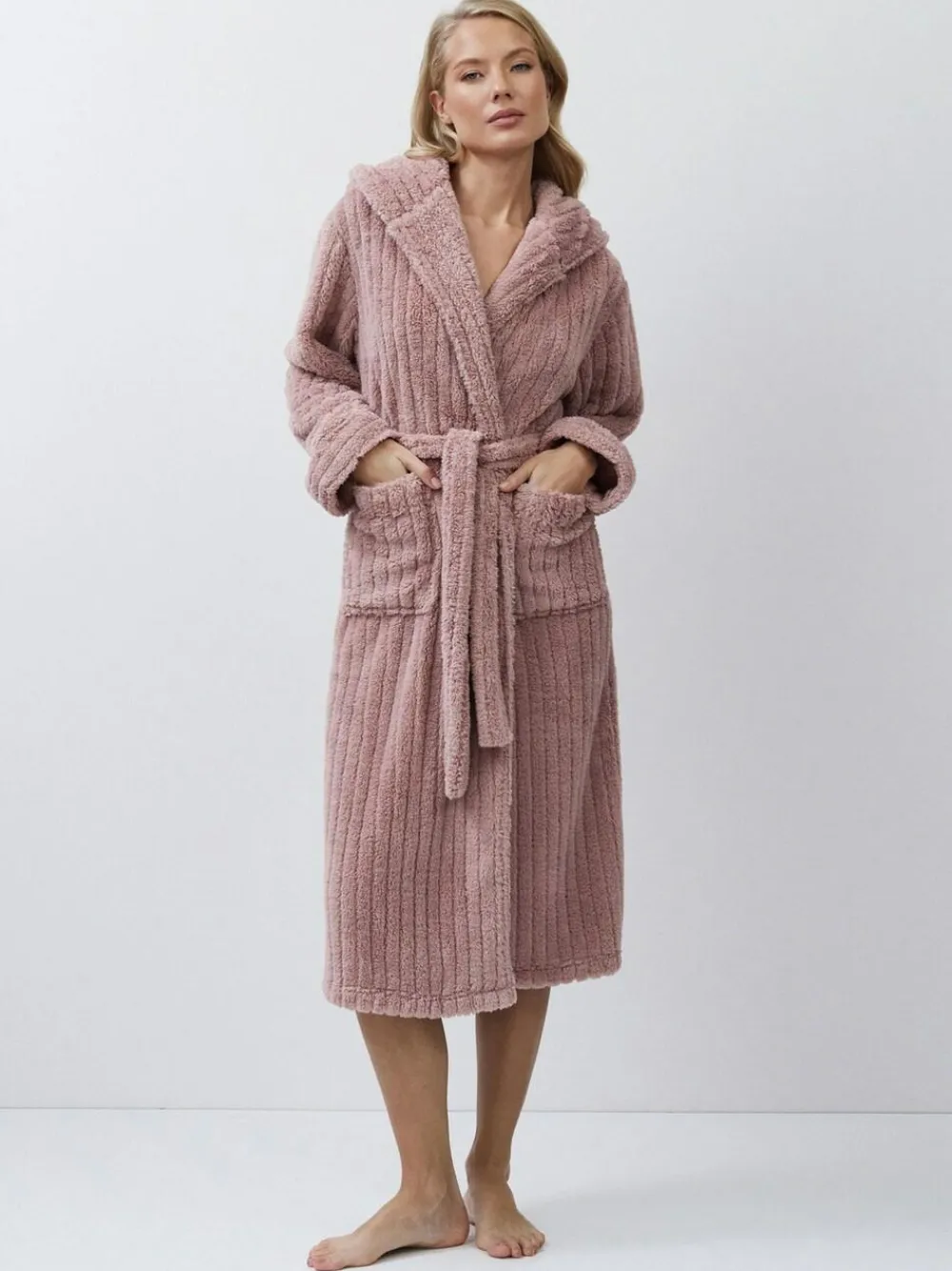 Aruelle Martha Pink Luxury Ribbed Mid-Length Dressing Gown^Women Bathrobes