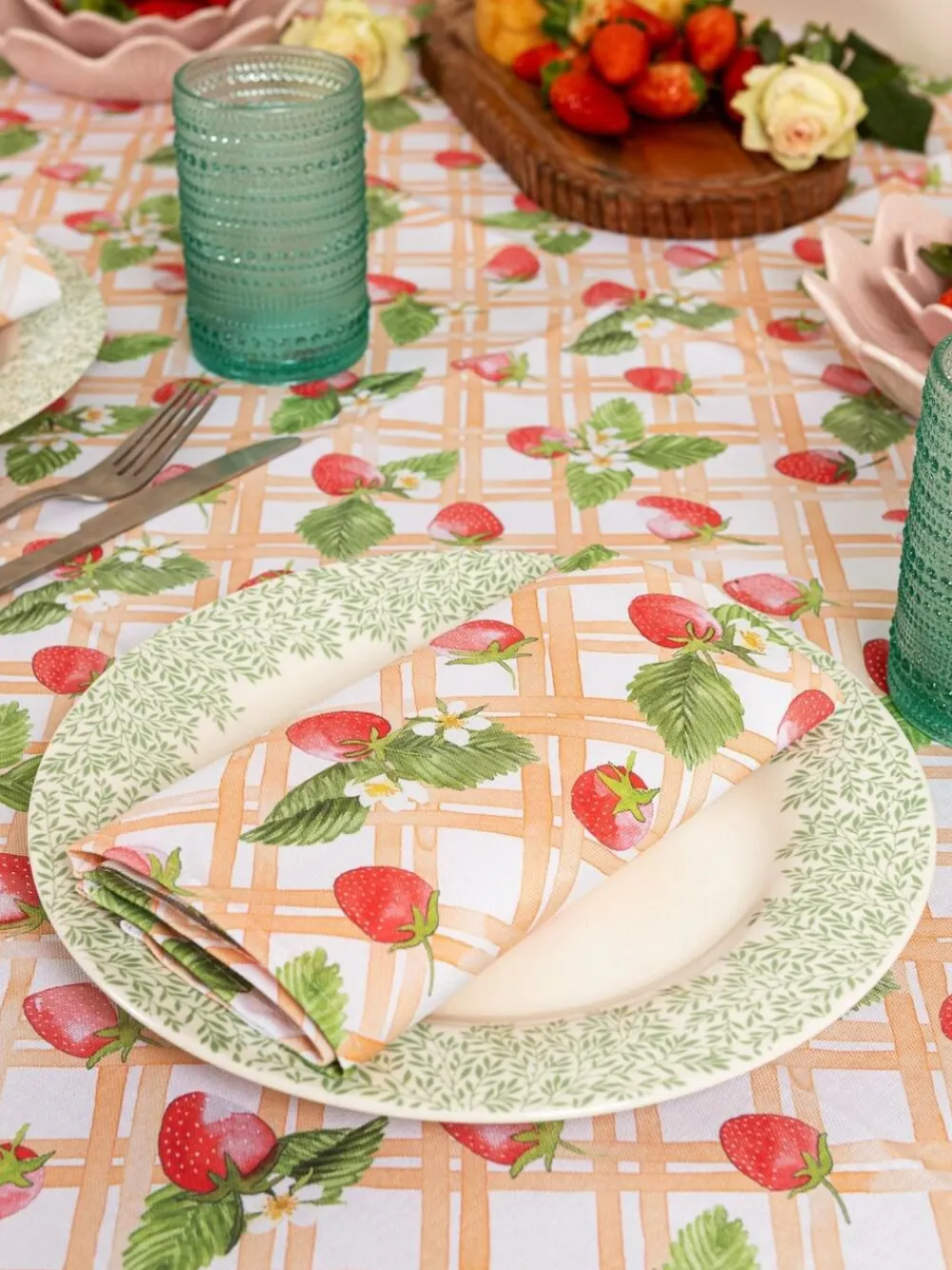 Avalon Home Pink Strawberry Picnic Tablecloth^ Table Linen, Placemats & Coasters