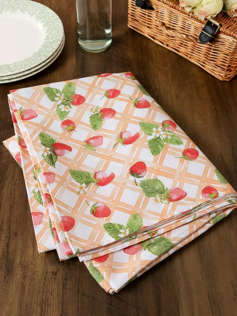Avalon Home Pink Strawberry Picnic Tablecloth^ Table Linen, Placemats & Coasters