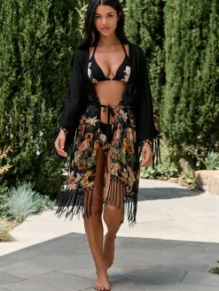 Sale B by Ted Baker Viscose Tassel Kimono Black Koi Floral Cover-Up