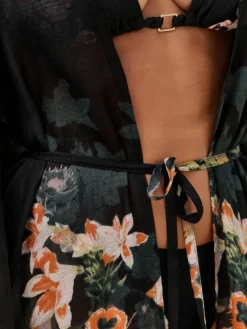 Sale B by Ted Baker Viscose Tassel Kimono Black Koi Floral Cover-Up