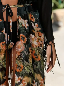 Sale B by Ted Baker Viscose Tassel Kimono Black Koi Floral Cover-Up