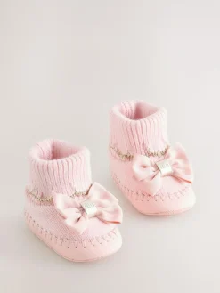 Hot Baker by Ted Baker Baby Girls Scallop Edge Knitted Padders Booties with Bow Pink