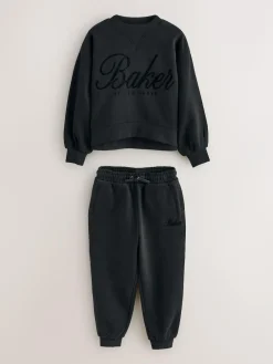 Baker by Ted Baker 2 Piece Flock Print Boxy Sweat & Cuffed Joggers Set Black
