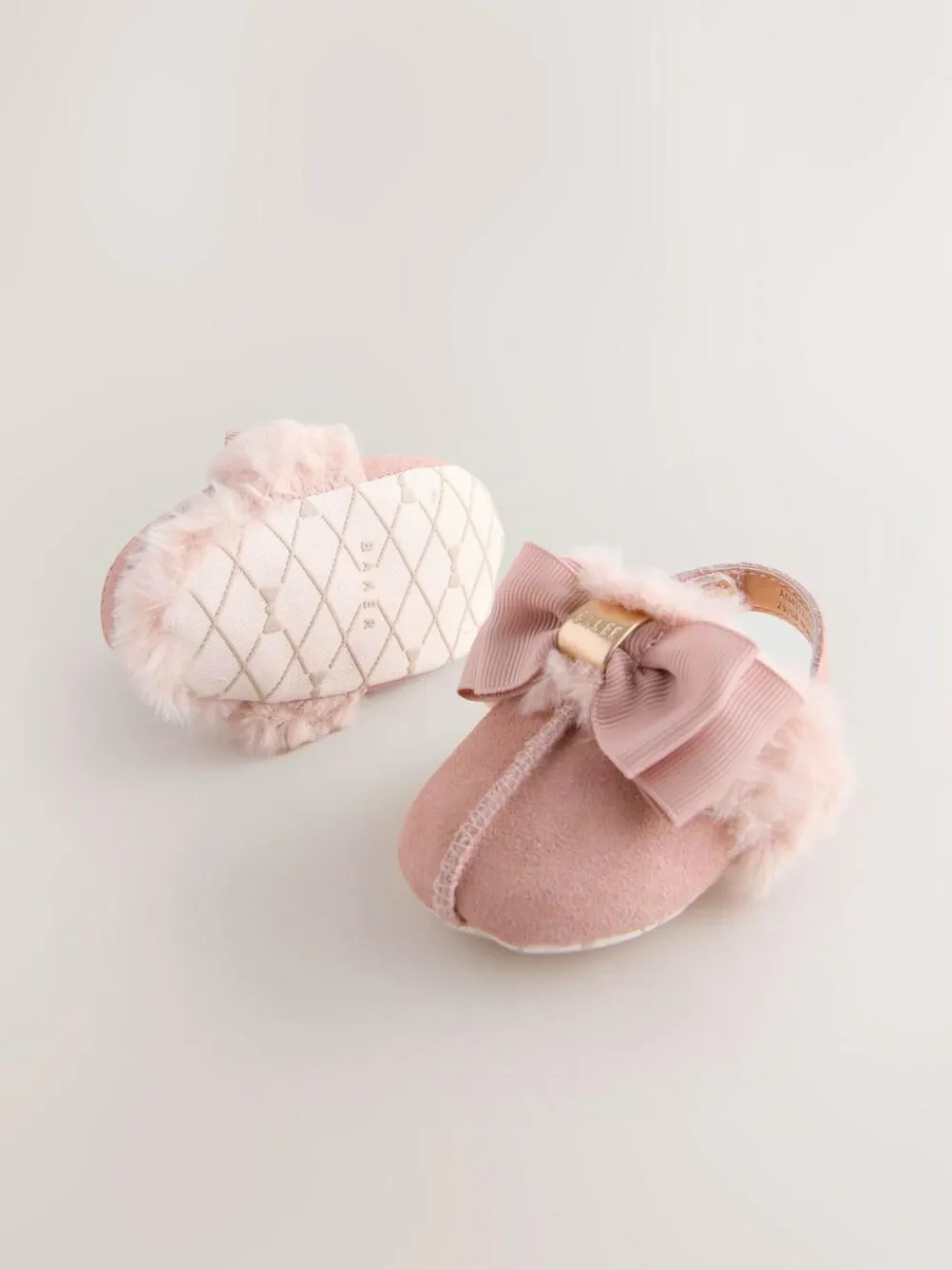 Clearance Baker by Ted Baker Baby Girls Faux Fur Trim Padders Mules Pink