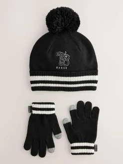 Discount Baker by Ted Baker Boys Varsity Logo Pom Black Beanie and Gloves Set