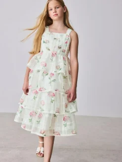 Online Baker by Ted Baker Burnout Organza Floral Tiered Midi White Dress