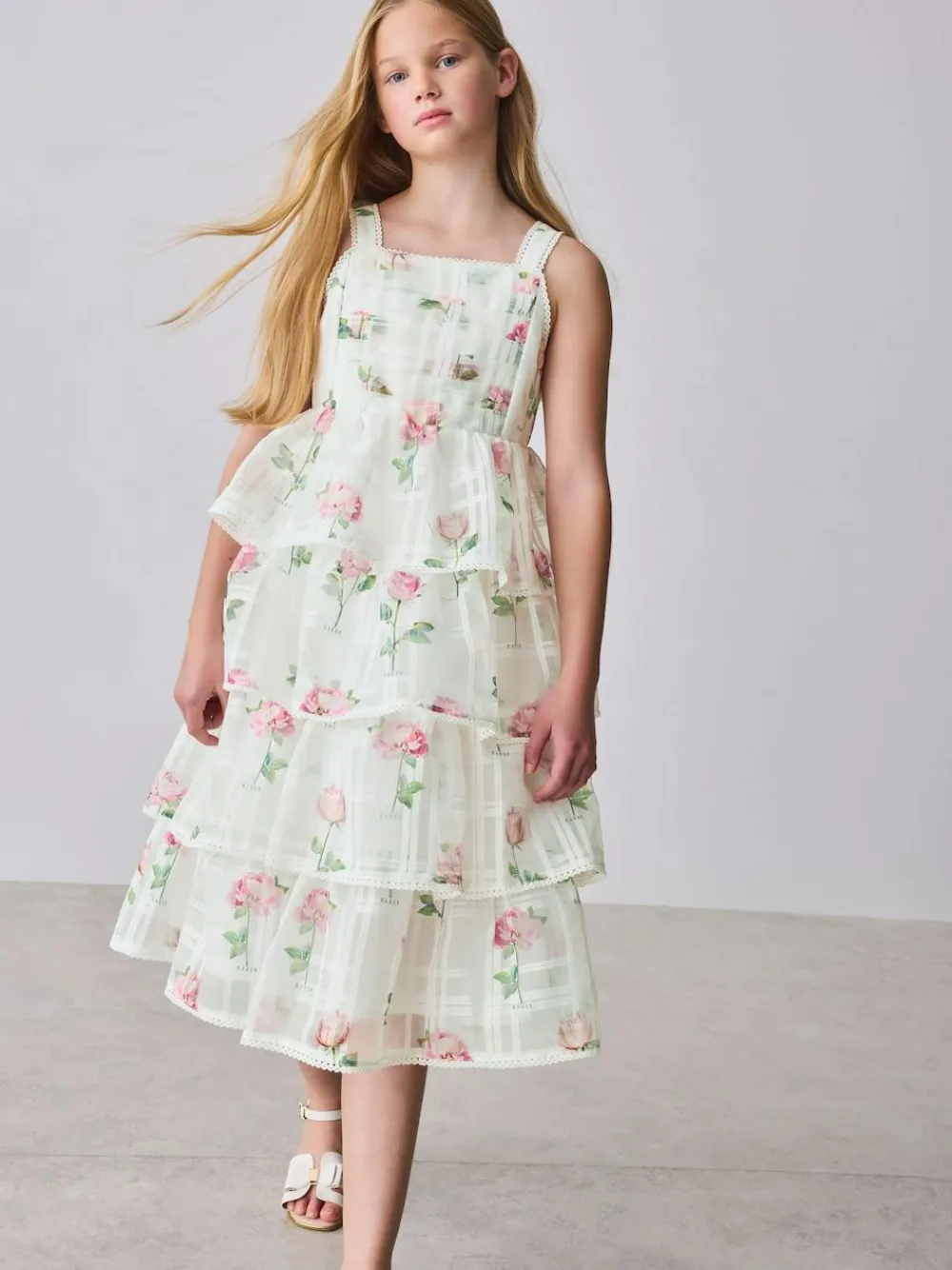 Online Baker by Ted Baker Burnout Organza Floral Tiered Midi White Dress