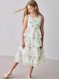 Online Baker by Ted Baker Burnout Organza Floral Tiered Midi White Dress