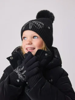 Baker by Ted Baker Girls Knitted Diamanté Bow Pom Hat and Gloves Set^ Hats, Gloves & Scarves