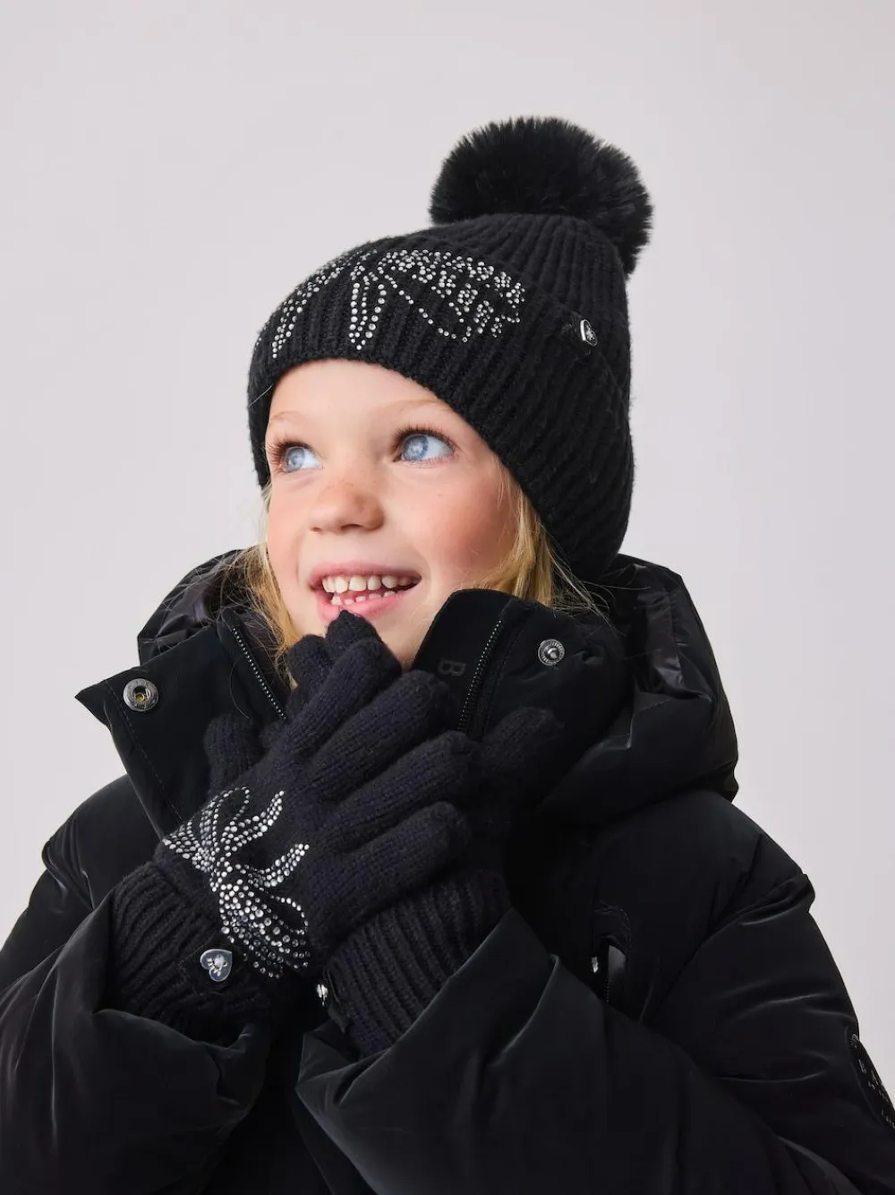 Baker by Ted Baker Girls Knitted Diamanté Bow Pom Hat and Gloves Set^ Hats, Gloves & Scarves