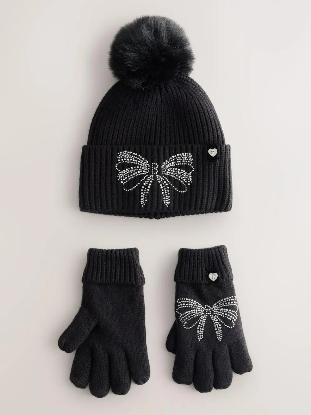 Baker by Ted Baker Girls Knitted Diamanté Bow Pom Hat and Gloves Set^ Hats, Gloves & Scarves