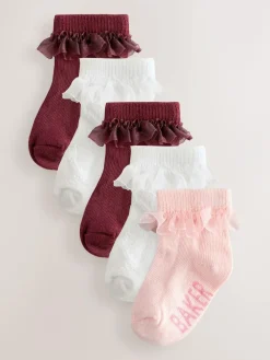 Clearance Baker by Ted Baker Girls Socks 5 Pack Burgundy/Ecru/Pink