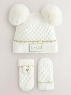 Baker by Ted Baker Girls Double Pom Eared Hat and Mittens Set^ Hats & Scratch Mitts|Hats, Gloves & Scarves