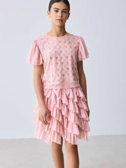 Baker by Ted Baker Pink 2 Piece Sequin Mesh Top & Ruffle Tier Skirt Set^ Shorts & Skirts