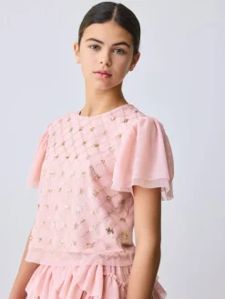 Baker by Ted Baker Pink 2 Piece Sequin Mesh Top & Ruffle Tier Skirt Set^ Shorts & Skirts
