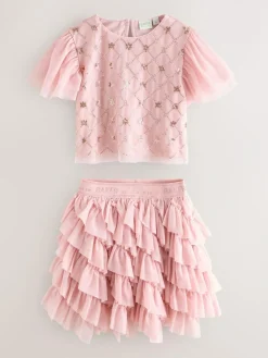 Baker by Ted Baker Pink 2 Piece Sequin Mesh Top & Ruffle Tier Skirt Set^ Shorts & Skirts