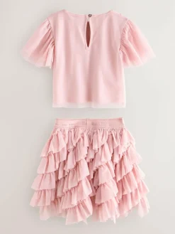 Baker by Ted Baker Pink 2 Piece Sequin Mesh Top & Ruffle Tier Skirt Set^ Shorts & Skirts