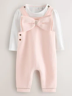 Hot Baker by Ted Baker Pink Jacquard Bow Dungarees & T-Shirt Set
