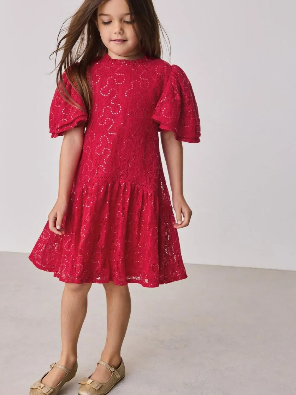 Discount Baker by Ted Baker Sequin Lace Angel Sleeve Dress Red