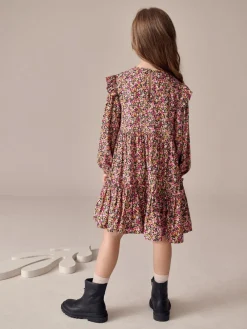 Outlet Next Long Sleeve Ruffle Dress (3-16yrs) Berry Pink Ditsy