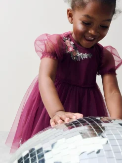 Next Berry Red Embroidered Mesh Party Dress (3mths-8yrs)^ Dresses|Dresses