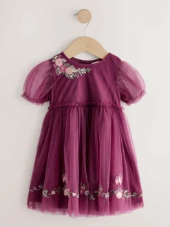 Next Berry Red Embroidered Mesh Party Dress (3mths-8yrs)^ Dresses|Dresses