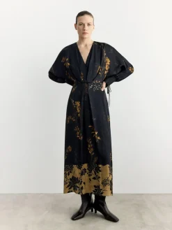 BHOEM Satin Floral Print Kimono Midi Black Dress^Women Occasion Dresses|Midi Dresses