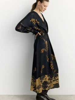 BHOEM Satin Floral Print Kimono Midi Black Dress^Women Occasion Dresses|Midi Dresses