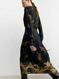 BHOEM Satin Floral Print Kimono Midi Black Dress^Women Occasion Dresses|Midi Dresses