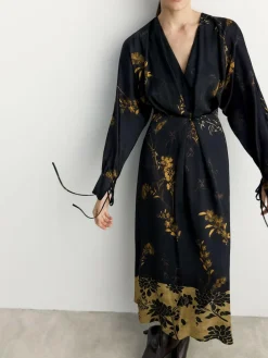 BHOEM Satin Floral Print Kimono Midi Black Dress^Women Occasion Dresses|Midi Dresses